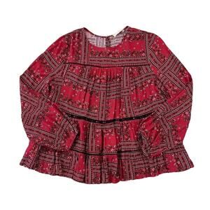 Altar'd State Red & Black Patchwork Floral Long Sleeve Boho Top - SIZE LARGE